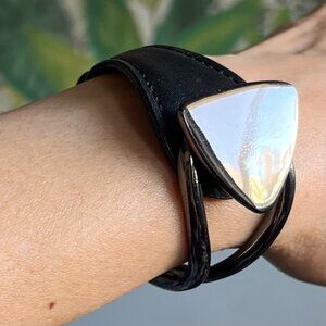 🧡3/15 Sheng Tong Vintage Black Silver Faux Leather Dual Button Closure Bracelet